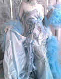Ndyad Grey Blue Mermaid Tulle Halter Embroidery Applique Long Prom Dresses HZ1024