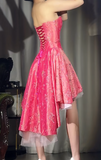 Ndyad Hot Pink Strapless A-Line Homecoming Dress Sweet Chiffon Satin Sequin Hi-lo Short Prom Dresses HZ1024