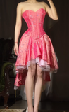 Ndyad Hot Pink Strapless A-Line Homecoming Dress Sweet Chiffon Satin Sequin Hi-lo Short Prom Dresses HZ1024