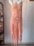 Ndyad Peach Spaghetti Strap Party Dress Sheath Chiffon Beaded Short Prom Dresses HZ1024