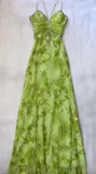Ndyad Bud Green V-neck Satin Beaded Applique Sheath Prom Dresses Vintage Backless Evening Gowns HZ1024