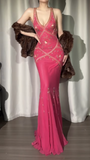 Ndyad Hot Pink V-neck Mermaid Chiffon Beaded Applique Prom Dresses Vintage Backless Evening Gowns HZ1024
