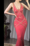 Ndyad Hot Pink V-neck Mermaid Chiffon Beaded Applique Prom Dresses Vintage Backless Evening Gowns HZ1024