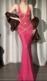 Ndyad Hot Pink V-neck Mermaid Chiffon Beaded Applique Prom Dresses Vintage Backless Evening Gowns HZ1024