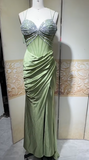 Ndyad Sage Green Sweetheart Mermaid Satin Prom Dresses Formal Evening Gowns with Rhinestones HZ1024