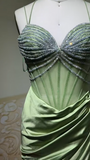 Ndyad Sage Green Sweetheart Mermaid Satin Prom Dresses Formal Evening Gowns with Rhinestones HZ1024