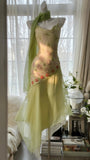 Ndyad Green Spaghetti Straps Vintage Party Dress Sheath Chiffon Beaded Short Prom Dresses HZ1024