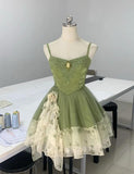 Ndyad Green Spaghetti Strap A-Line Printed Tulle Short Prom Dresses Homecoming Dress HZ1024