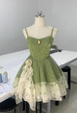 Ndyad Green Spaghetti Strap A-Line Printed Tulle Short Prom Dresses Homecoming Dress HZ1024