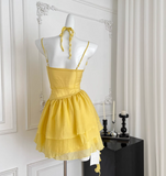 Ndyad Butter Yellow Spaghetti Straps A-Line Chiffon Short Prom Dresses Homecoming Dress HZ1024