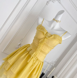 Ndyad Butter Yellow Spaghetti Straps A-Line Chiffon Short Prom Dresses Homecoming Dress HZ1024