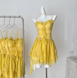 Ndyad Butter Yellow Spaghetti Straps A-Line Chiffon Short Prom Dresses Homecoming Dress HZ1024