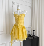 Ndyad Butter Yellow Spaghetti Straps A-Line Chiffon Short Prom Dresses Homecoming Dress HZ1024