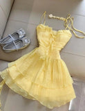 Ndyad Butter Yellow Spaghetti Straps A-Line Chiffon Short Prom Dresses Homecoming Dress HZ1024