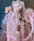Ndyad Pink Strapless Mermaid Beaded Tulle Long Prom Dresses Formal Evening Gowns with Embroidered Appliques HZ1024