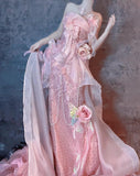 Ndyad Pink Strapless Mermaid Beaded Tulle Long Prom Dresses Formal Evening Gowns with Embroidered Appliques HZ1024
