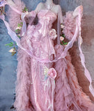 Ndyad Pink Strapless Mermaid Beaded Tulle Long Prom Dresses Formal Evening Gowns with Embroidered Appliques HZ1024