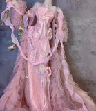 Ndyad Pink Strapless Mermaid Beaded Tulle Long Prom Dresses Formal Evening Gowns with Embroidered Appliques HZ1024