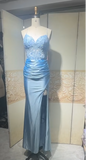 Ndyad Sky Blue Spaghetti Straps Bodycon Lace Applique Satin Long Prom Dresses Formal Evening Gowns HZ1024