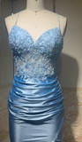 Ndyad Sky Blue Spaghetti Straps Bodycon Lace Applique Satin Long Prom Dresses Formal Evening Gowns HZ1024