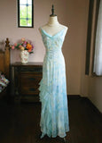 Ndyad Light Blue V-neck Printed Chiffon with Ruffles Sheath Long Prom Dresses Vintage Party Dress HZ1024