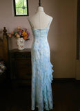 Ndyad Light Blue V-neck Printed Chiffon with Ruffles Sheath Long Prom Dresses Vintage Party Dress HZ1024