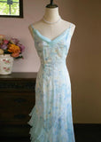 Ndyad Light Blue V-neck Printed Chiffon with Ruffles Sheath Long Prom Dresses Vintage Party Dress HZ1024