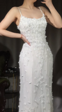 Ndyad White Spaghetti Straps Mermaid Chiffon Beaded Long Prom Dresses Formal Evening Gowns HZ1024