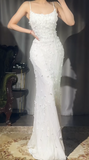Ndyad White Spaghetti Straps Mermaid Chiffon Beaded Long Prom Dresses Formal Evening Gowns HZ1024