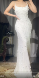 Ndyad White Spaghetti Straps Mermaid Chiffon Beaded Long Prom Dresses Formal Evening Gowns HZ1024