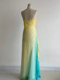 Ndyad Butter Yellow Spaghetti Strap Sheath Chiffon Prom Dresses Vintage Evening Gowns HZ1024