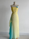 Ndyad Butter Yellow Spaghetti Strap Sheath Chiffon Prom Dresses Vintage Evening Gowns HZ1024