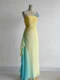 Ndyad Butter Yellow Spaghetti Strap Sheath Chiffon Prom Dresses Vintage Evening Gowns HZ1024