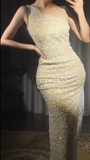 Evafashion Yellow One Shoulder Sheath Sequin Beaded Long Prom Dresses Evening Gowns with Slits HZ1024