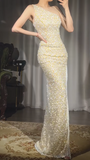 Evafashion Yellow One Shoulder Sheath Sequin Beaded Long Prom Dresses Evening Gowns with Slits HZ1024