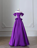 Ndyad Purple Off Shoulder A-Line Satin Long Prom Dresses Formal Evening Gowns HZ1024