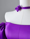 Ndyad Purple Off Shoulder A-Line Satin Long Prom Dresses Formal Evening Gowns HZ1024