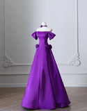 Ndyad Purple Off Shoulder A-Line Satin Long Prom Dresses Formal Evening Gowns HZ1024