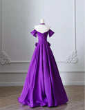 Ndyad Purple Off Shoulder A-Line Satin Long Prom Dresses Formal Evening Gowns HZ1024