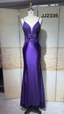 Ndyad Purple Spaghetti Straps Mermaid Satin Long Prom Dresses Formal Evening Gowns with Appliques HZ1024