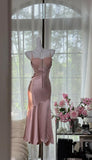 Ndyad Blush Pink Spaghetti Straps Party Dress Sheath Satin Prom Dresses HZ1024