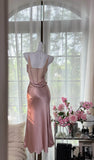 Ndyad Blush Pink Spaghetti Straps Party Dress Sheath Satin Prom Dresses HZ1024