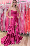 Ndyad Fuchsia Strapless Mermaid Satin Beaded Long Prom Dresses Formal Evening Dresses With Slits HZ1024