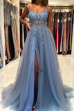 Ndyad Grey Blue Spaghetti Straps Sequined A-Line Tulle Long Prom Dresses Formal Evening Gowns HZ1024