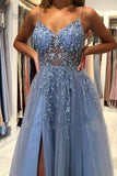 Ndyad Grey Blue Spaghetti Straps Sequined A-Line Tulle Long Prom Dresses Formal Evening Gowns HZ1024