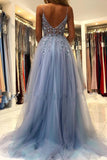 Ndyad Grey Blue Spaghetti Straps Sequined A-Line Tulle Long Prom Dresses Formal Evening Gowns HZ1024