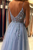 Ndyad Grey Blue Spaghetti Straps Sequined A-Line Tulle Long Prom Dresses Formal Evening Gowns HZ1024