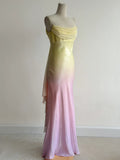Ndyad Gradient Yellow Pink Spaghetti Straps Mermaid Satin Prom Dresses Vintage Evening Gowns HZ1024