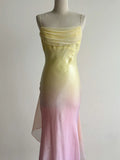 Ndyad Gradient Yellow Pink Spaghetti Straps Mermaid Satin Prom Dresses Vintage Evening Gowns HZ1024