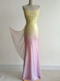 Ndyad Gradient Yellow Pink Spaghetti Straps Mermaid Satin Prom Dresses Vintage Evening Gowns HZ1024
